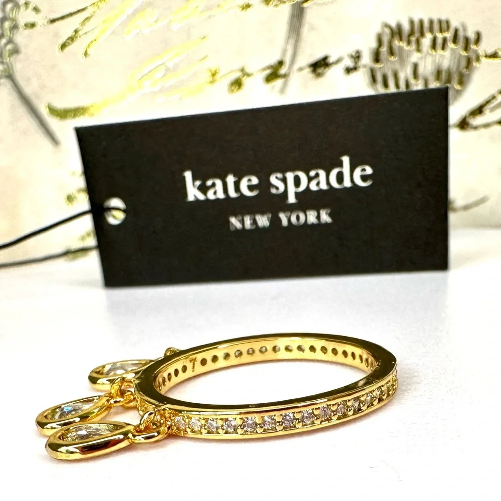 Kate Spade rain or shine stacking Goldtone Ring Set with Pearl & Crystals Size 7